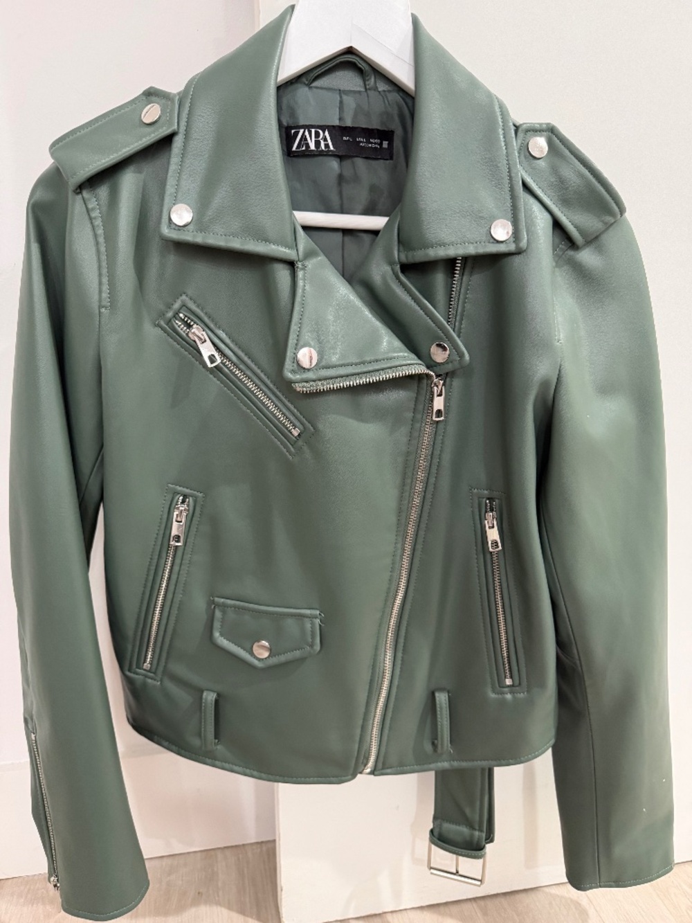 Zara Sage Green Faux Leather Moto Jacket Belted Biker Silver Hardware